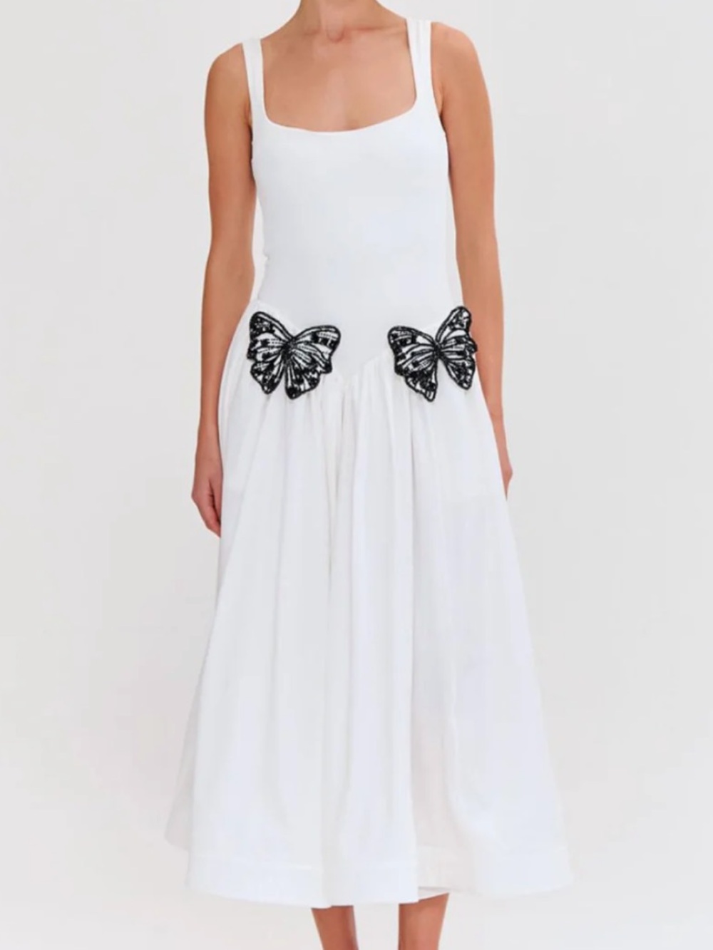 PatBO Merian Knit White Midi Dress with Black Butterfly Appliqués